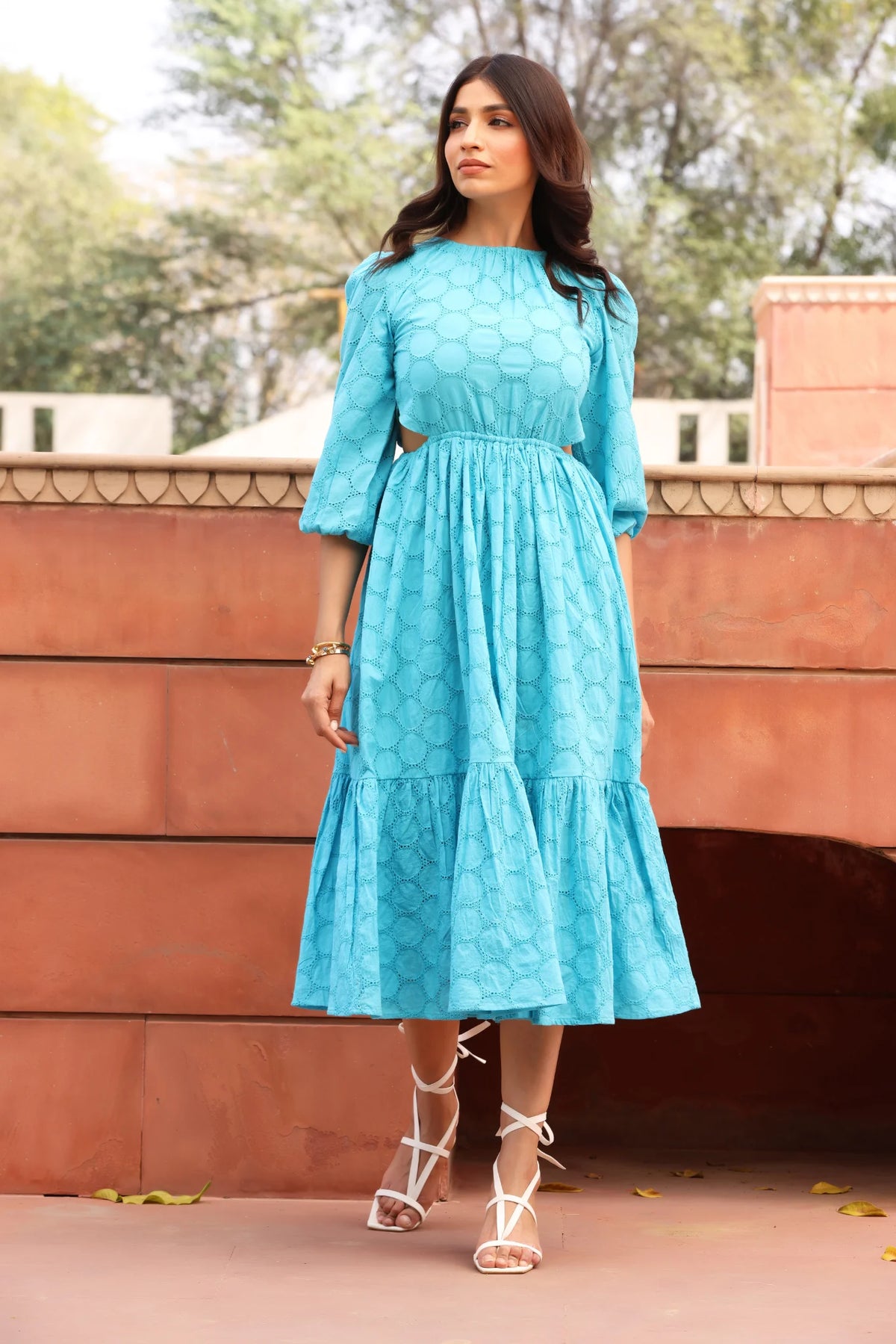 Modern Cotton Linen Lace Midi Dress with Flared Hem Soft Schiffli Blend Blue Floral Print Puff Sleeves