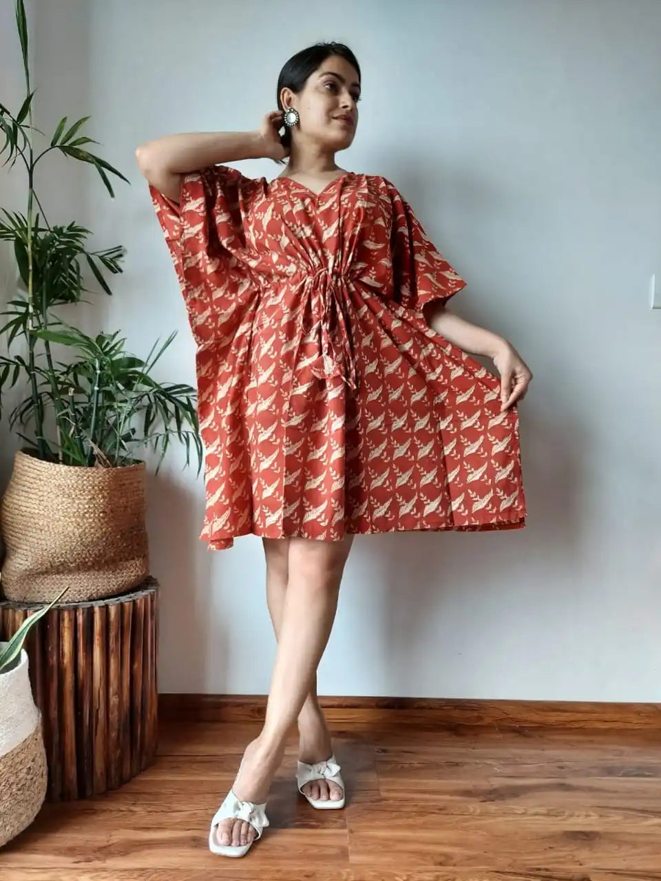 Custom made Ethnic Print Cotton Kaftan Mini Dress-V-Neck with Adjustable Waist suitable for boutique clients and resellers