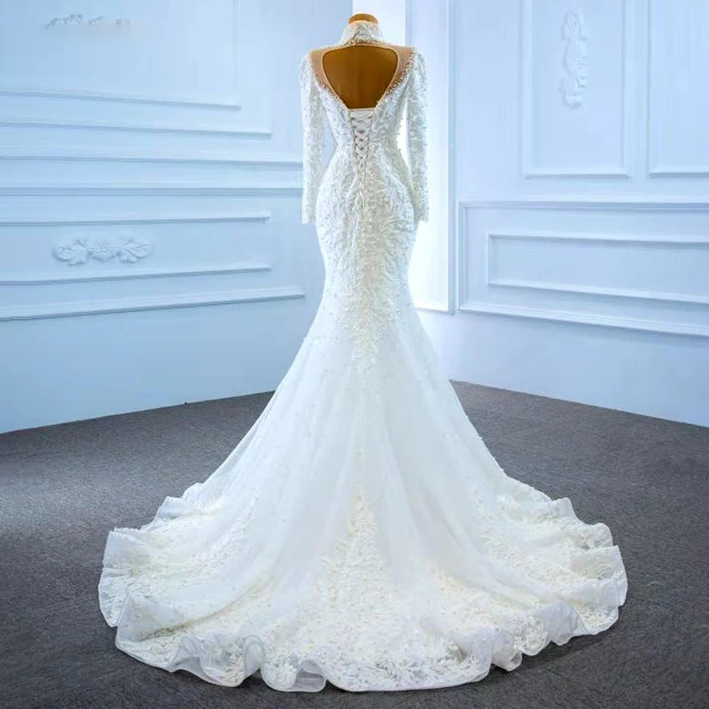 Jancember RSM67219 Luxury White Long Sleeve Mermaid Wedding Dress Bridal Gowns