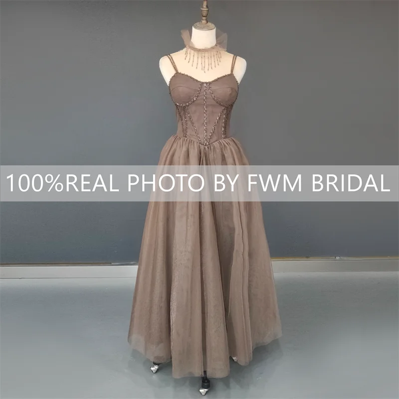 Real Photos Spaghetti Straps Lace Wedding Party Dress Exquisite Beading Bridal Gown With Necklace Evening Prom Dress 15391