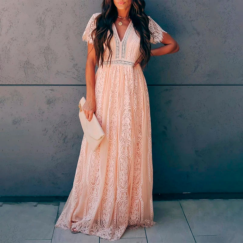Casual White Lace Chiffon Maxi Dresses Elegant Outfit Party Wear Evening Gown Long Wedding Guest Dress Summer Clothes