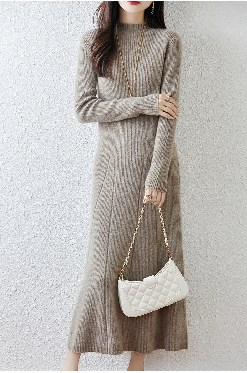 Autumn and Winter Women's Mid Length Knee Length Sweater Dress Semi High Collar Bottom A-line Knitted Dress
