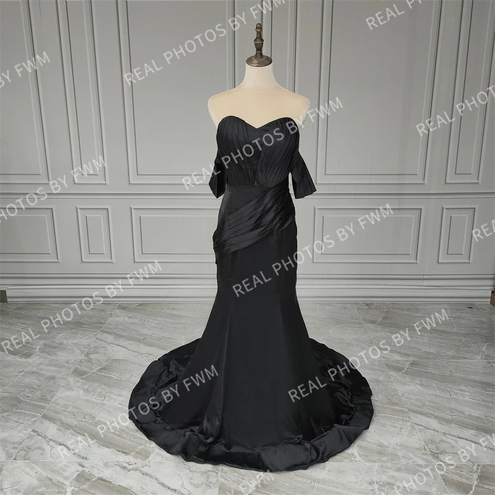 15521# Real Photos Simple Off Shoulder Pleat Mermaid Wedding Party Gown Evening Prom Dress for Women With Sweep Train