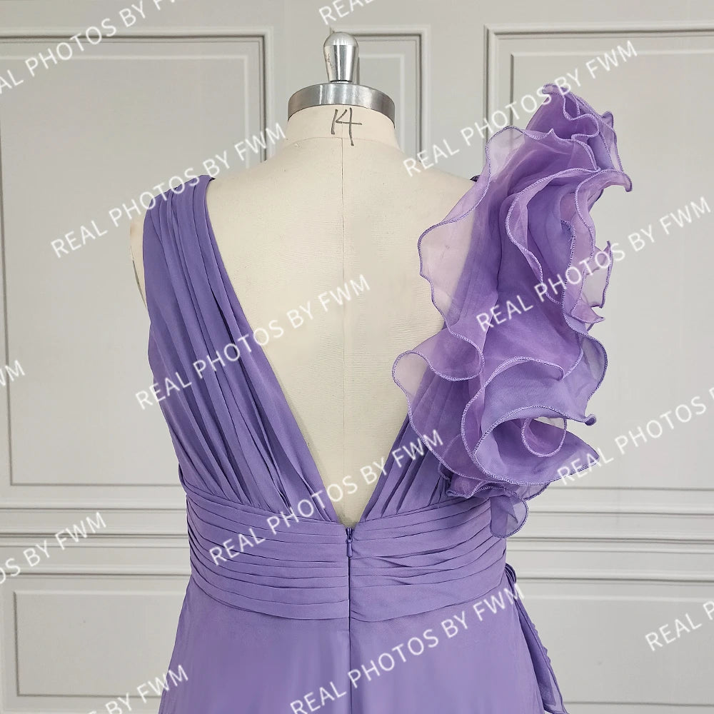 Real Photos High Quality Side Slit Ruffles Chiffon Evening Dress for Women Elegant Sleeveless Bridesmaid Dress