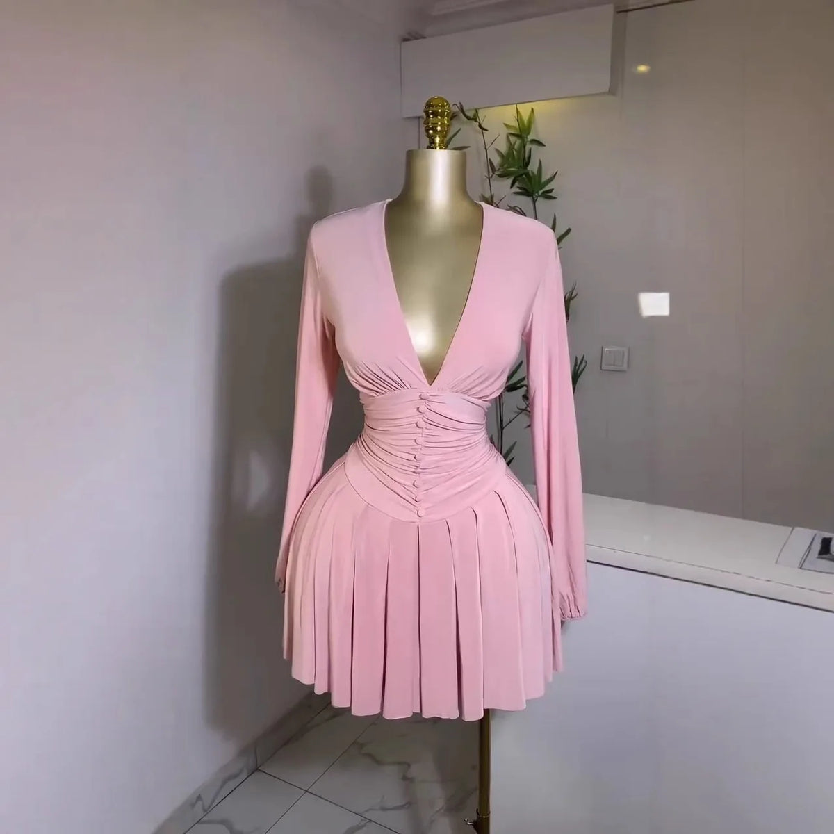 Women's Pleated V-neck Long-sleeved Dress French Style Slim Waist Knee Length Skirt
