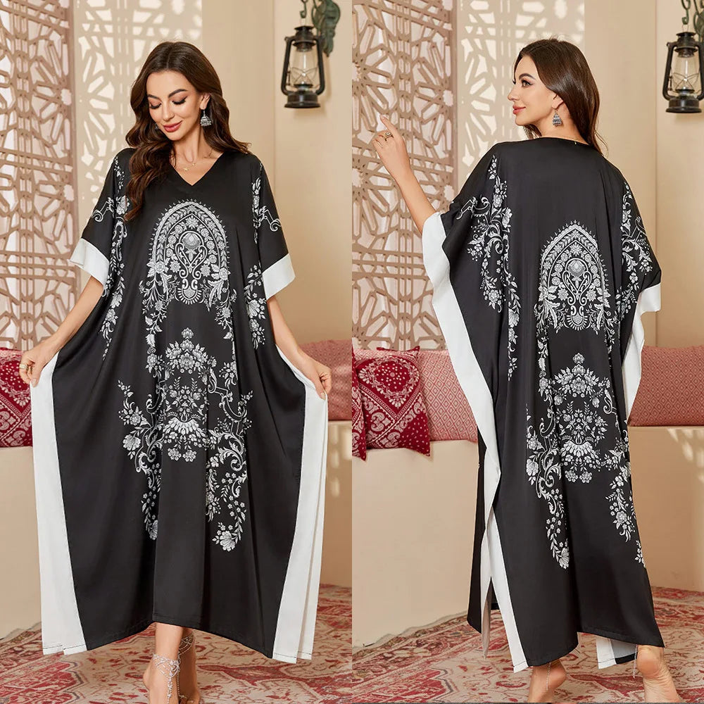 2026 New Satin Printed Abaya Women Traditional Islamic Clothing Long Robe Modest Muslim Dress
