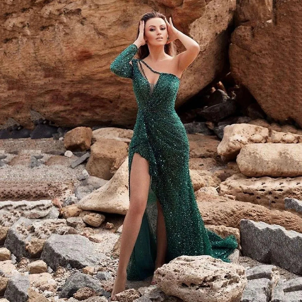 Think 2025 New Arrivals Lady Luxury Single Shoulder Elegant Dresses Women Irregular Designer Evening Teal Sequin Fashion Dress