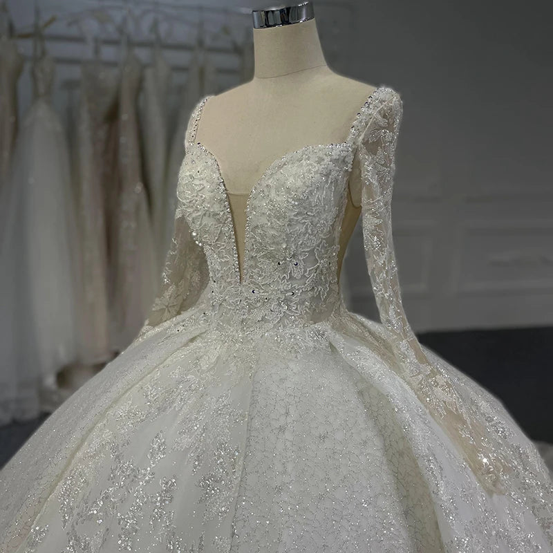 Jancember LSB062 Exquisite V-neck Long Sleeves Lace up Ball Wedding Dress 2023