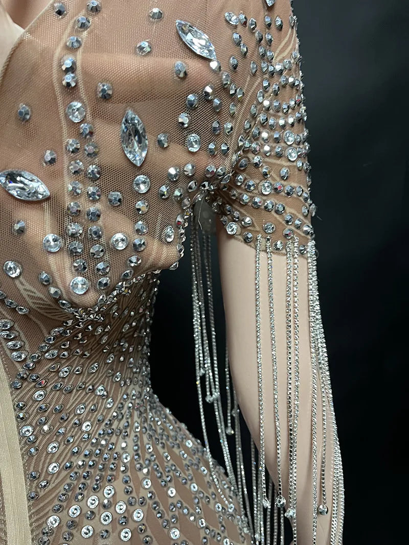 2026 Summer Vintage Drop Shipping Sexy Shiny Diamond Brown Sheer Bling Dress Long Gown for Evening Party Dress