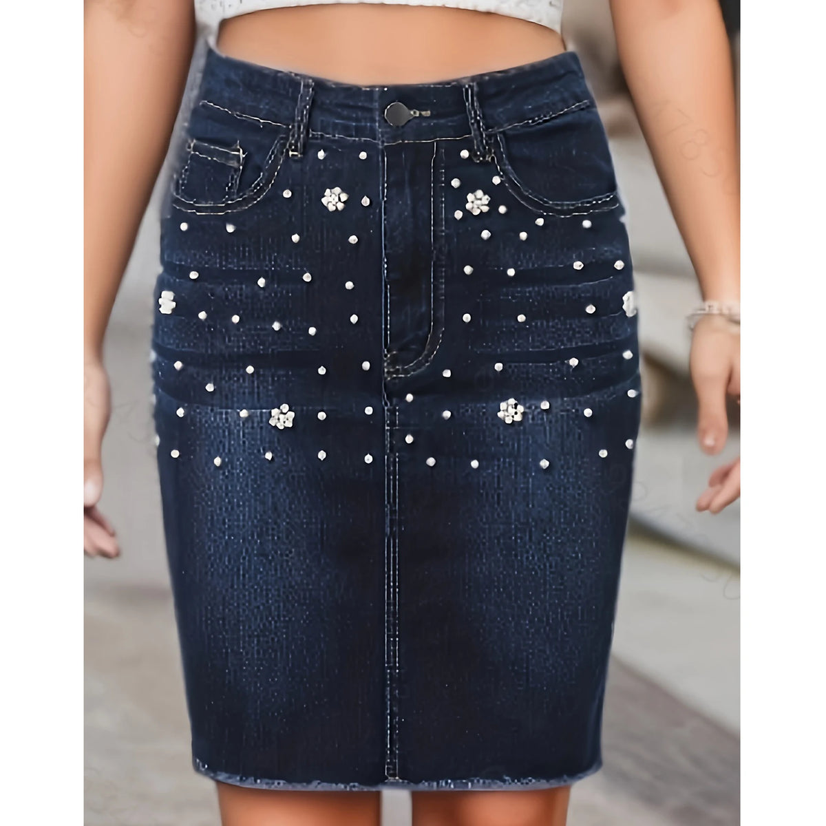 European and American Style Vintage Beaded Stretch Waist Denim Mid-length Skirt