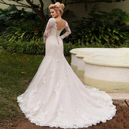 Spring New Backless Mermaid Trailing Lace Wedding Dress Long Sleeve Lawn Empire Silhouette Embroidered Technique