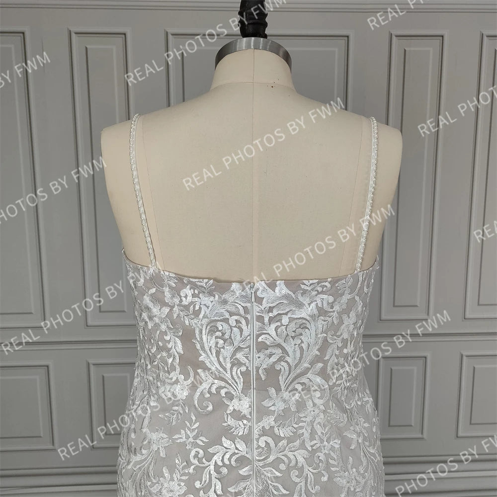12886# Real Photos Spaghetti Straps Sweep Train Mermaid Wedding Dress Bridal Gown for Plus Size Women With Beading Sequined Lace