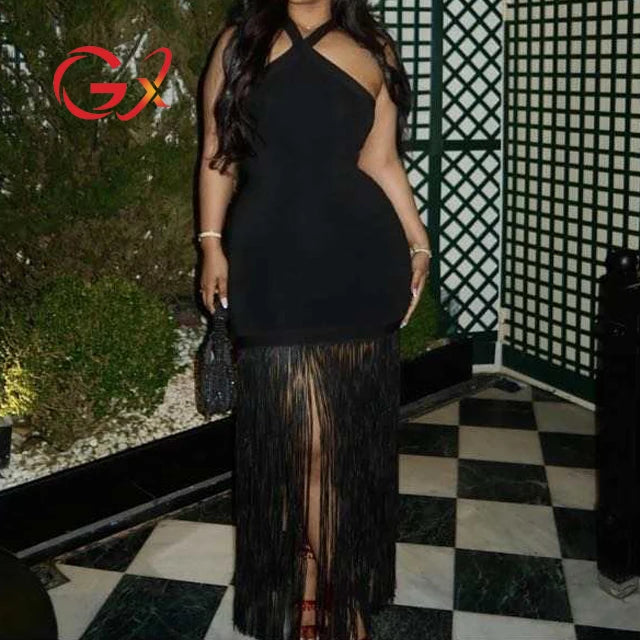 GX4212 Fashion Summer Women Clothes Boutique Sleeveless Evening Long Tassel Dress Sexy Backless Party Maxi Dresses