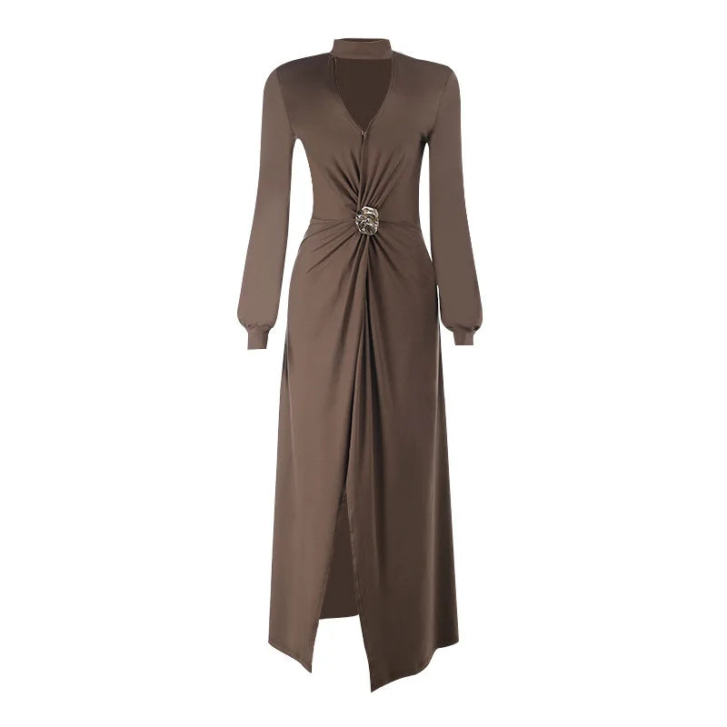 Cross-border Fashion Deep V High Split New Long Dress Pleated Design Sense Celeb Dress Dress
