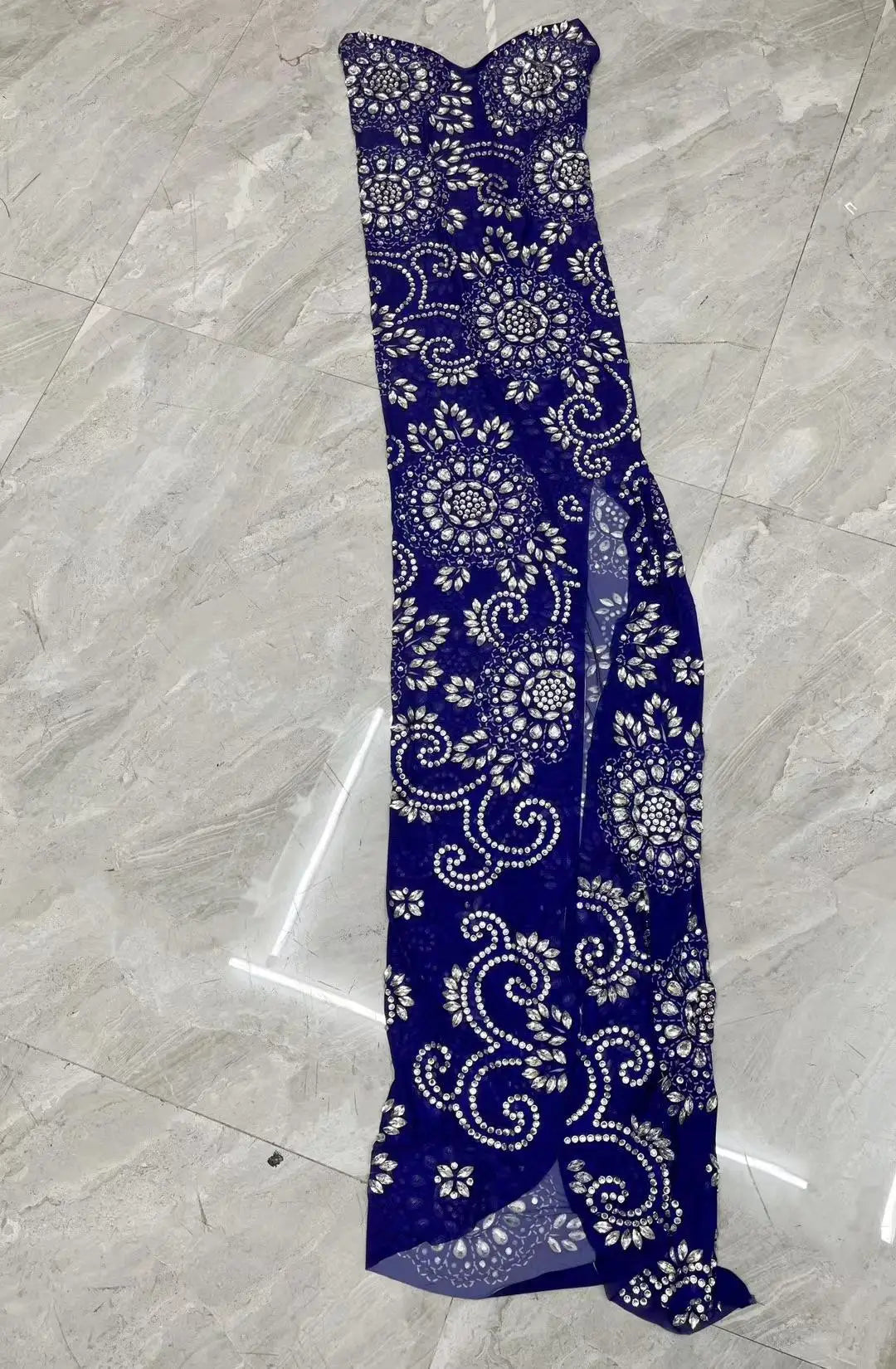 Luxury Boutique Clothing Blue Stones and Crystals See Through Prom Gown Women Strapless Party Maxi Dress Banquet Evening Dress