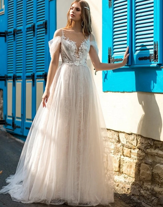 4247# Real Photos Appliques Wedding Dress O-Neck Lace Short Sleeve Illusion Straps Back A-Line Ruched Tulle Bridal Gown