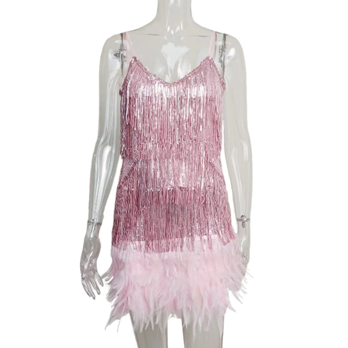 Women Lottie Teal Pink Feather Mini Dresses for Party Fashion Fringed Sequin Suspender Evening Dress