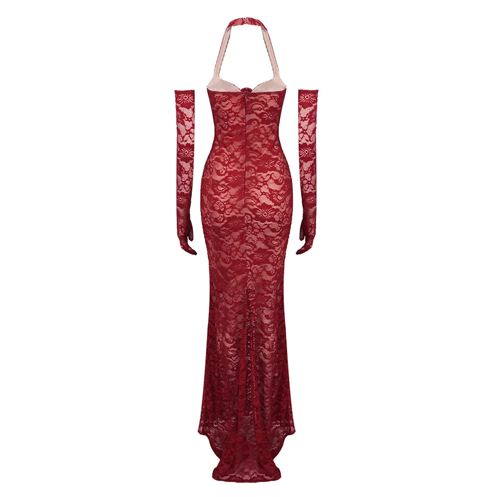 2024 New Floral Embroidery V-neck Halter Dress Slim Mesh Red Long Women Dress Evening Gown