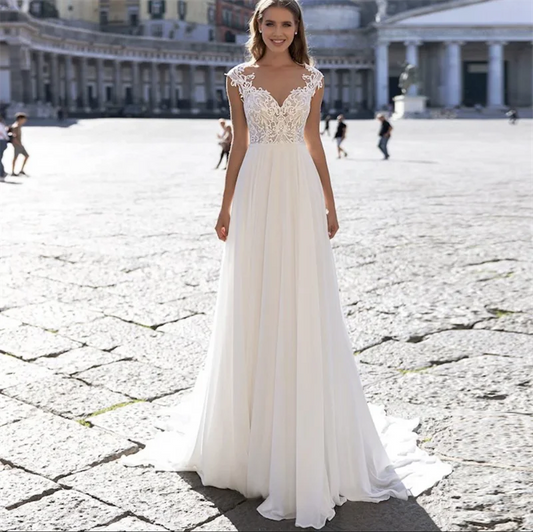11094#Sheer Back Sweetheart Short Sleeve Lace Applique a Line Sweep Train Bohemian Chiffon Bridal Gowns Ladies Wedding Dress