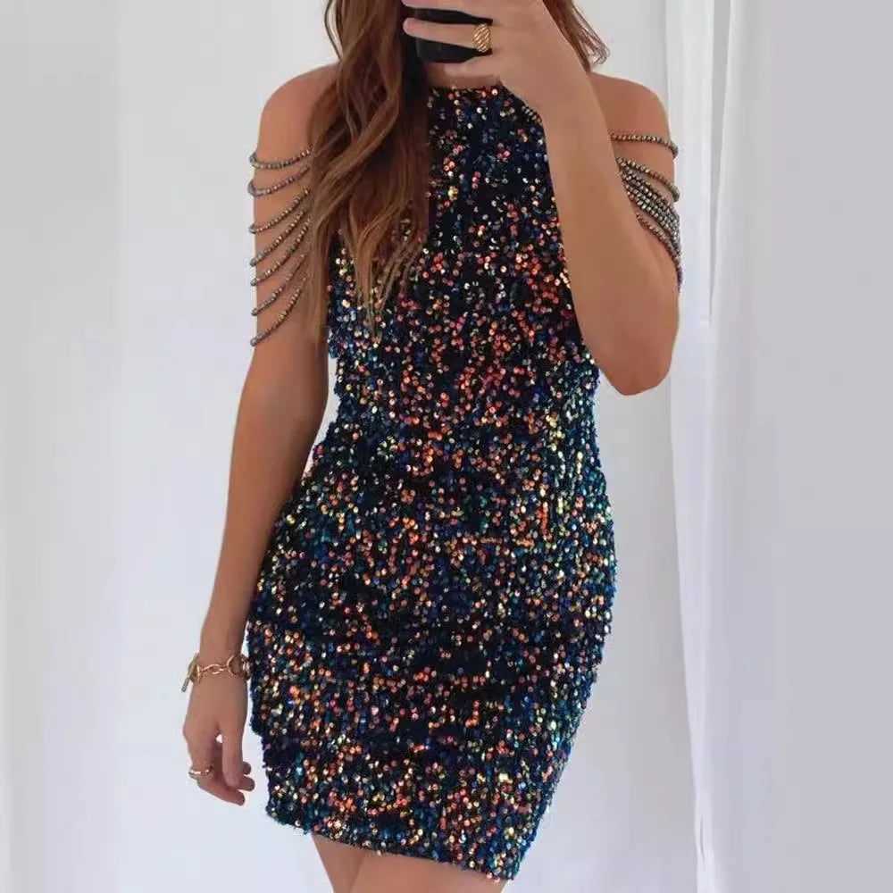 European American New Women's Eco-Friendly Sexy Colorful Sequin Mini Ball Gown Backless Halterneck Tassel Slim Hip Skirt Dress