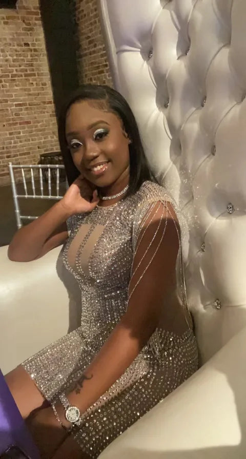 Sparkly Mesh See Through Rhinestone Tassel Birthday Party Evening Bodycon Dress Women Sexy Prom Club Mini Dress Festival Outfit