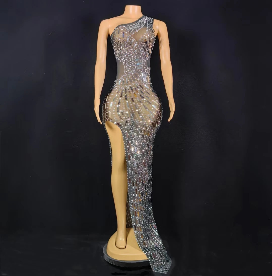 Elegant One Shoulder Rhinestone Sequins Ball Gown Ladies Dinner Banquet Party Long Dress Women Sexy High Slit Prom Evening Dress