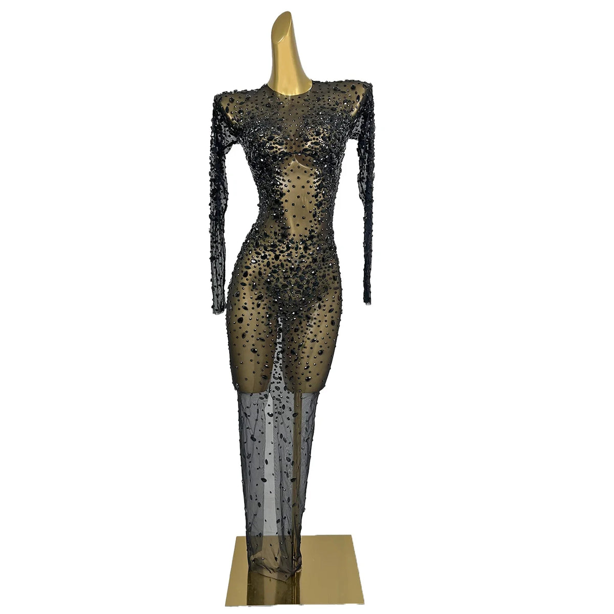 Elegant Long Sleeves Evening Gown Women Sexy Diamonds Birthday Party Bodycon Rhinestone Dress Cocktail Prom Long Dress Club Wear