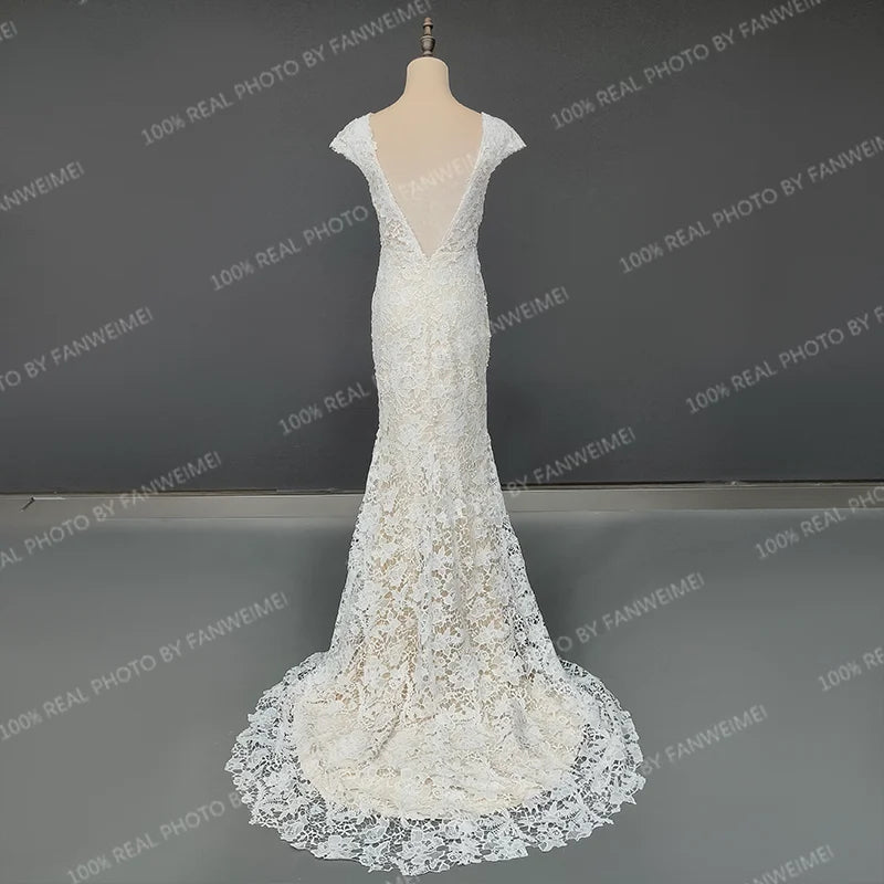 9803#Sheath Wedding Dresses V Neck Cap Sleeves Sexy Backless Vestidos De Novia Mermaid Bride Dresses Bridal Gowns Wedding Dress