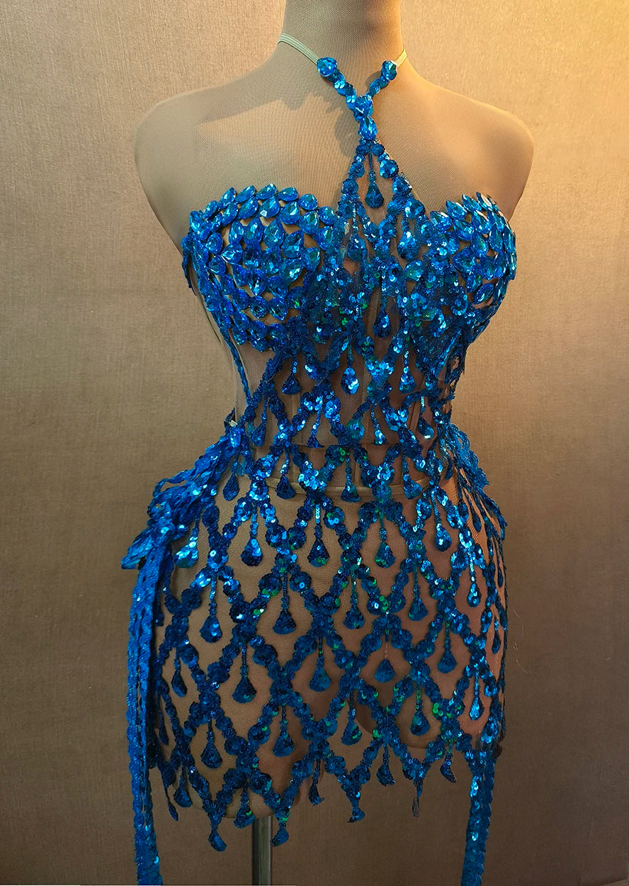 Vestido Sexy Sequin Rhinestone Birthday Party Mini Dress Tassel Cocktail Night Club Sheath Dress Women Singer Festival Outfit