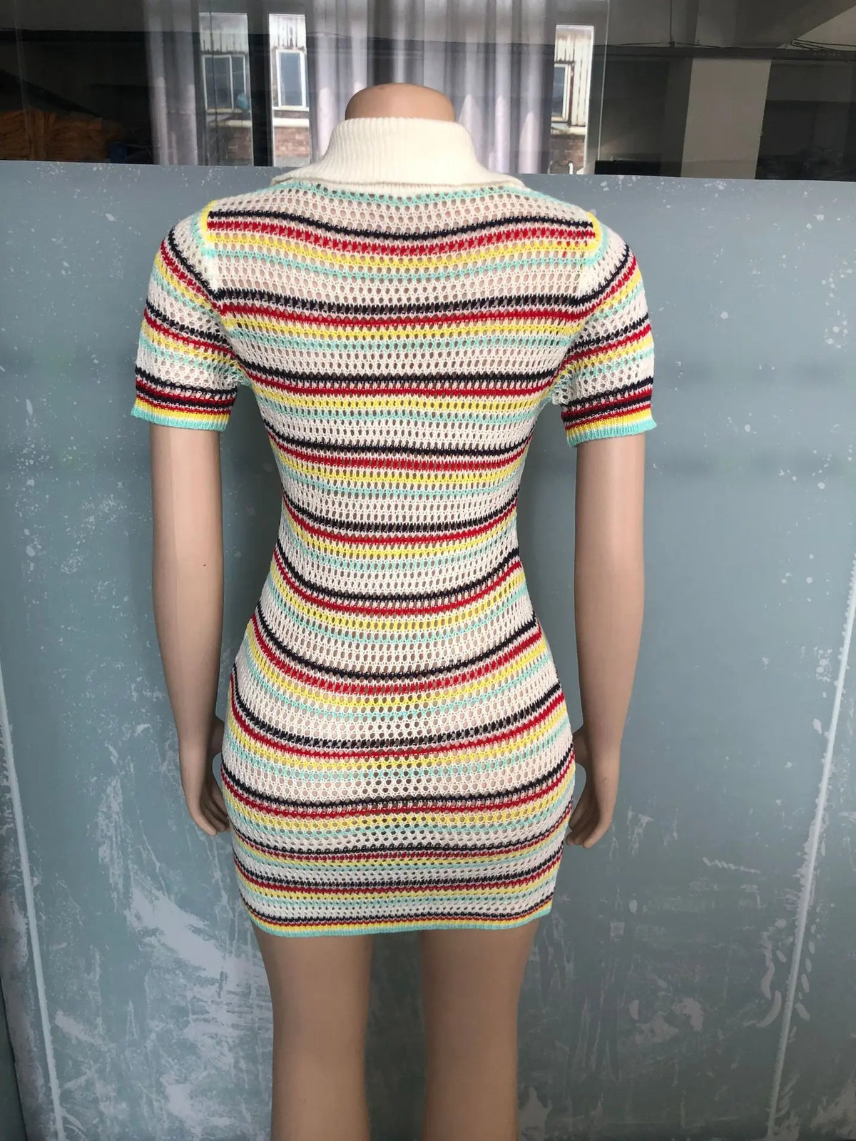 AJ4450 Winter A-Line Casual Women's Woolen Neck Knitted Slim-fit Short Sleeve Striped Button Polo Neck Dress