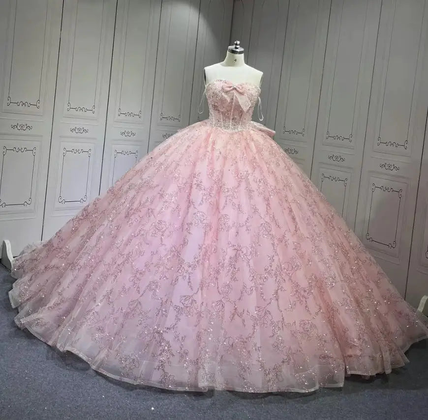 Mumuleo Sleeveless Crystal Vestidos De 15 Anos Pink Quinceanera Dress Sweetheart Neck Glitter Sequin Sweet 15 Gowns With Bow