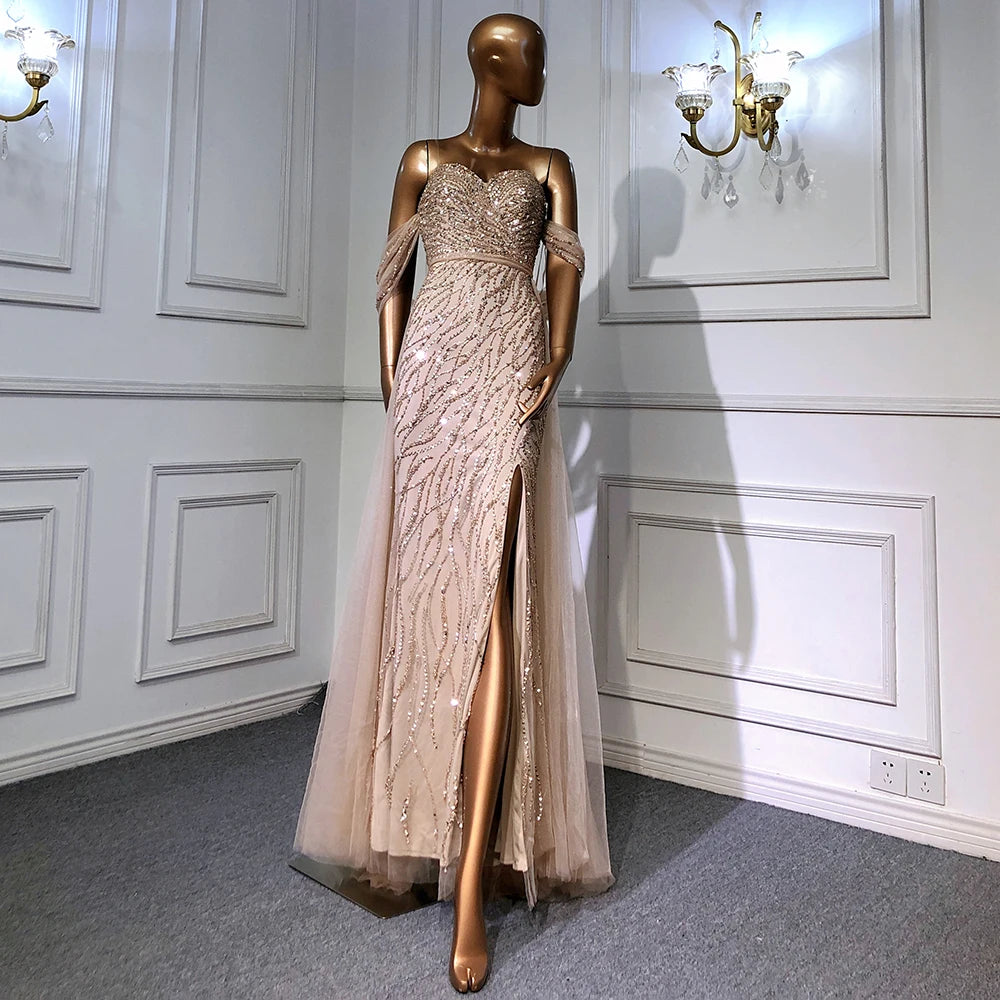 Feishiluo Luxury Mermaid Evening Dress Off-shoulder Handmade Beaded Prom Dress With Removable Train