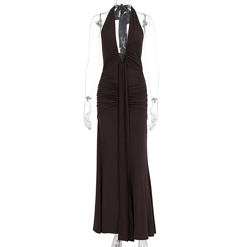2026 Fashion Summer Women Halter Deep V-Neck Backless Solid Casual Maxi 100% Polyester Crystal Vacation Dresses