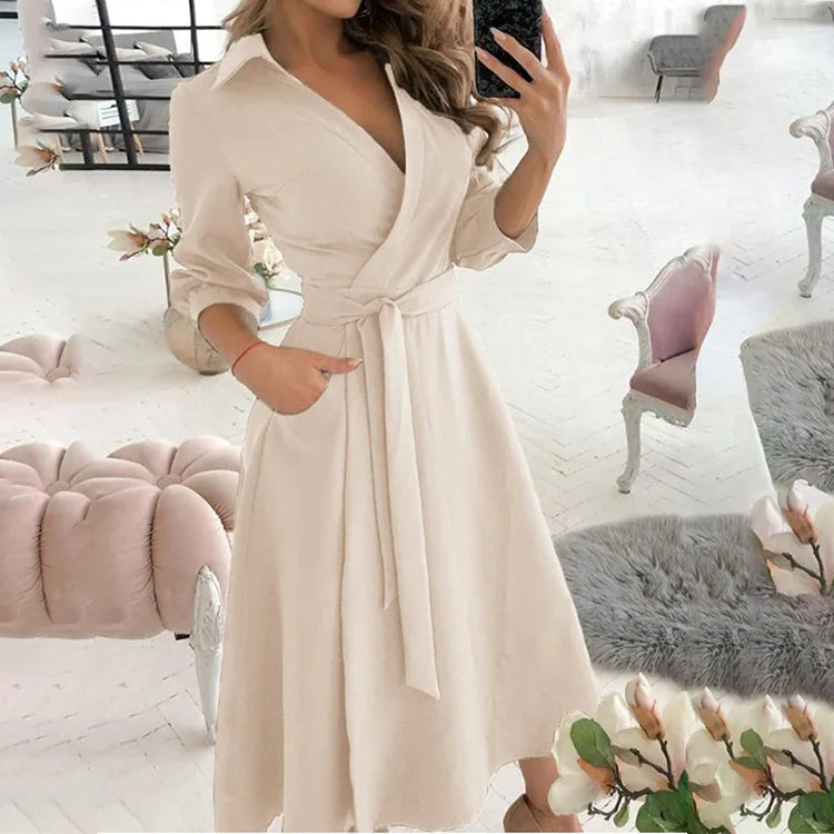 New Woman Clothes Fashionable Long-sleeved V-neck Printed Hip-hugging Dress for Women Lapel Shirt Dress With High Quality