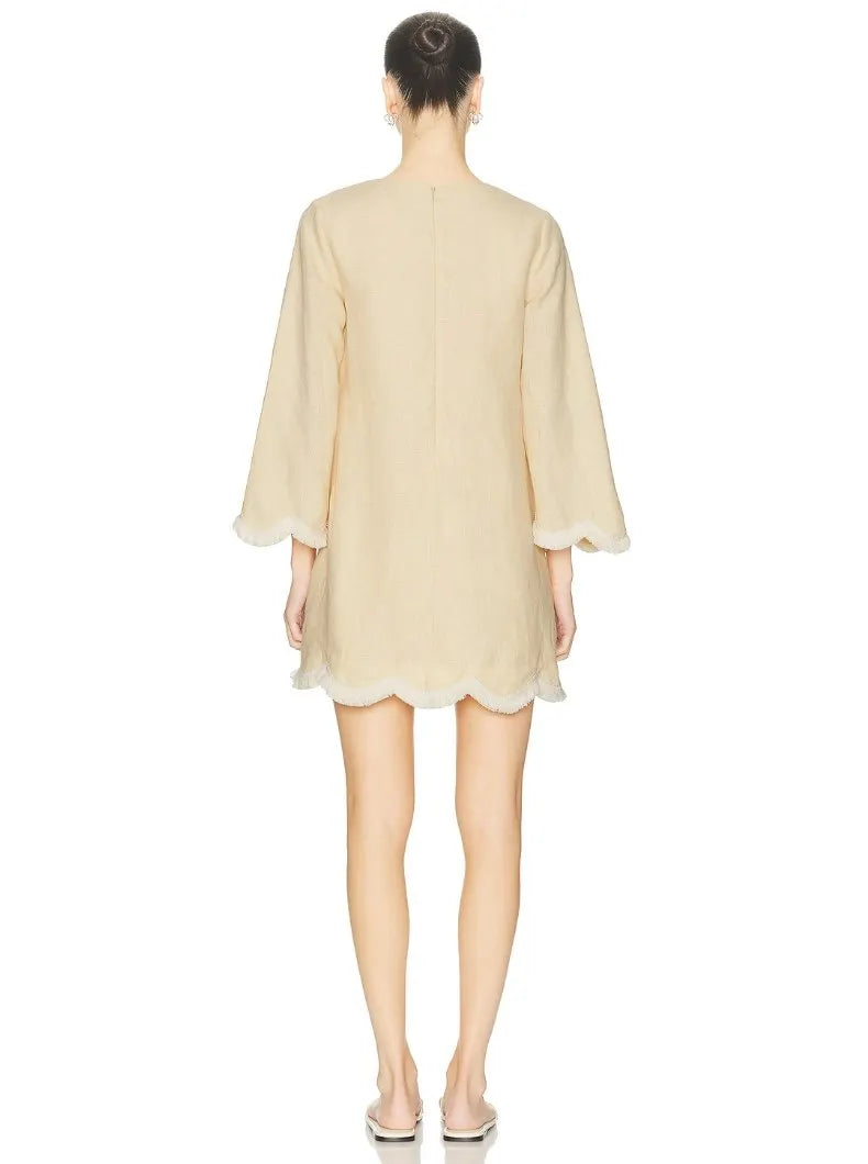 Women's Summer Yellow French Vintage Regular Fit Short A-line Dress Heavyweight Linen/Cotton ODM Solid Embroidered Natural