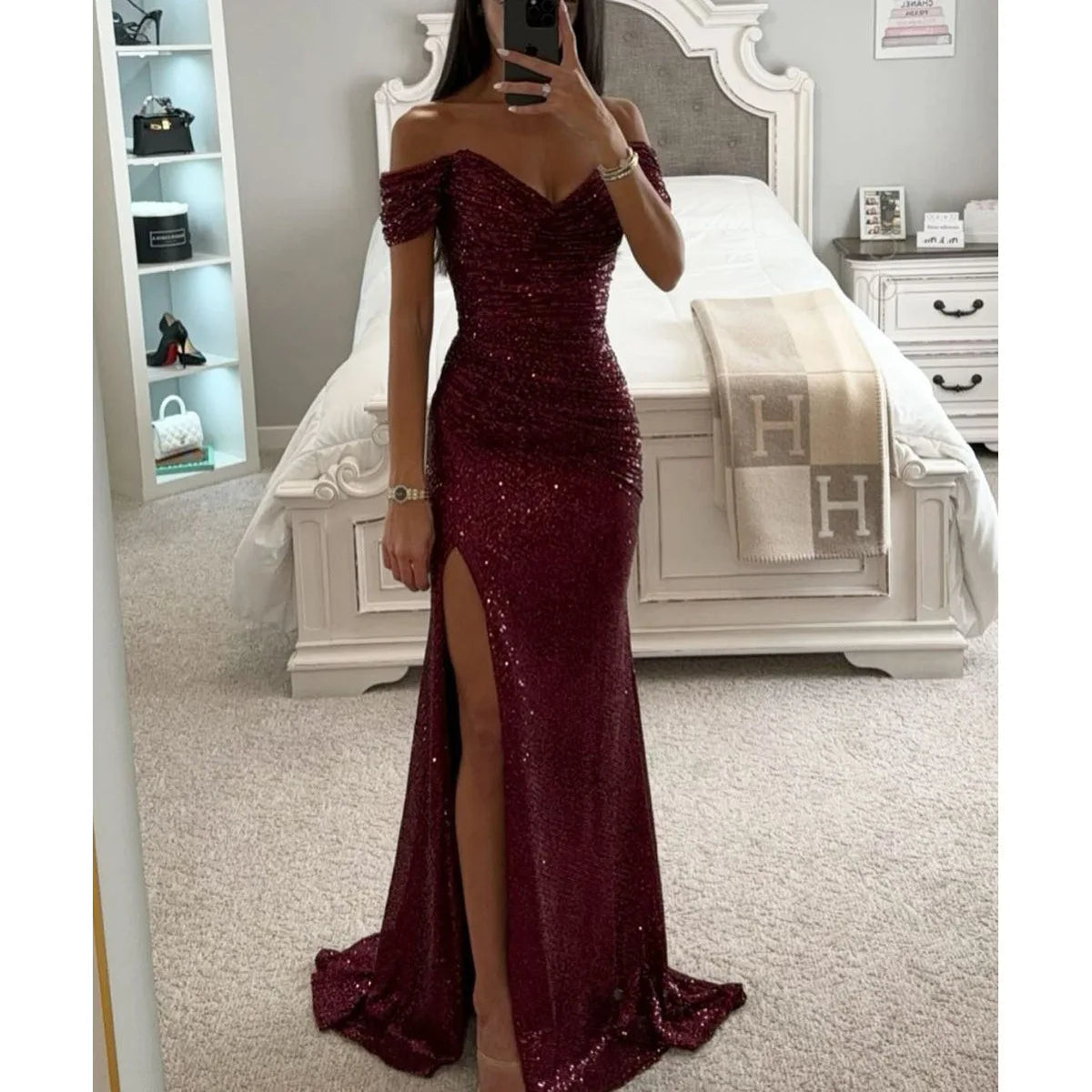 Women's Gold Mermaid Sequined Evening Party Dress Bling Prom Gown Off Shoulder Formal Wear for Summer Seasons Long Dress