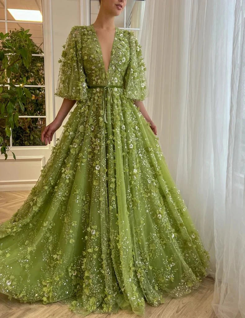 Sexy Plunging V-neck Green 3D Embroidered Flowers Evening Dress for Women Wedding Party Gowns SZ354