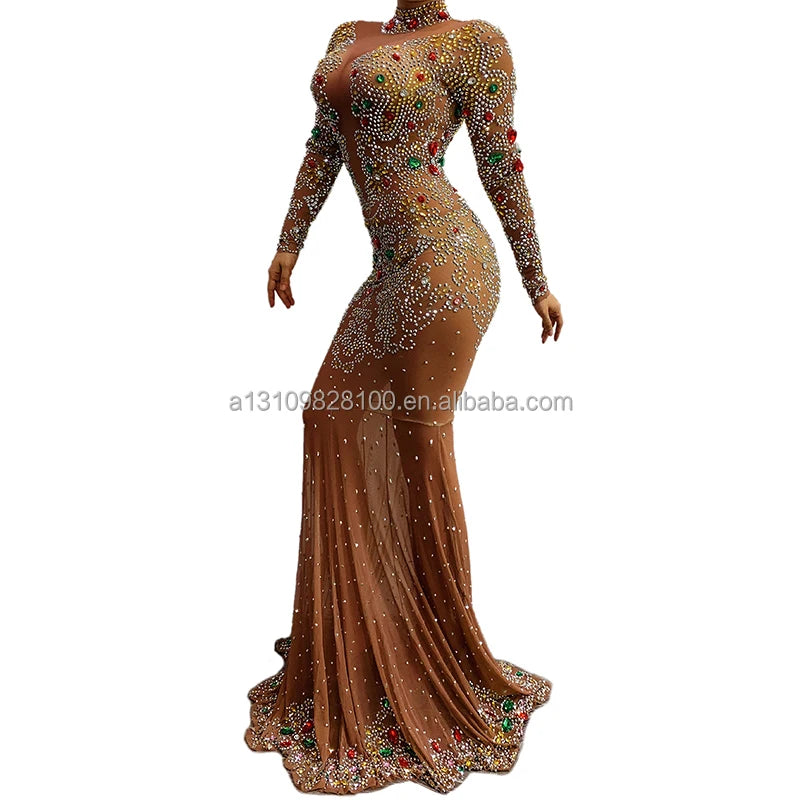 Female Elastic Mesh Feather Nude Long Sleeve Wrap Hip Dress Wedding Evening Perspective Long Dress Singer Host Catwalk Dresses