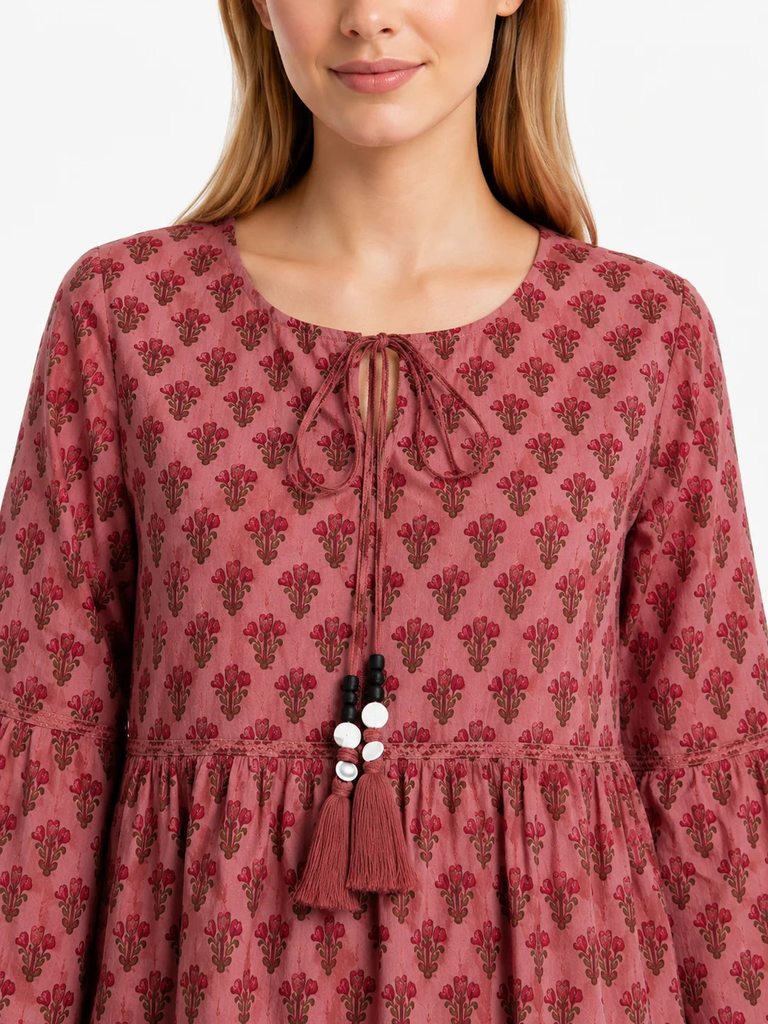 Sweet Natural Waist Floral Digital Printed Cotton Maxi Dress Long Sleeve V-neck for Party Wear