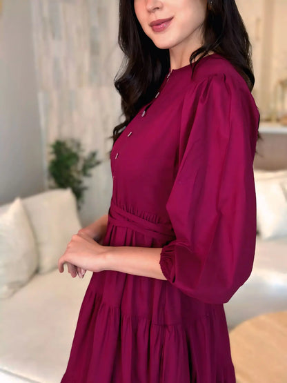 Women's Sweet Tiered Maxi Dress Long Sleeves Button-Down Design Cotton Lawn Chiffon Belt Casual Summer Natural Waist A-Line