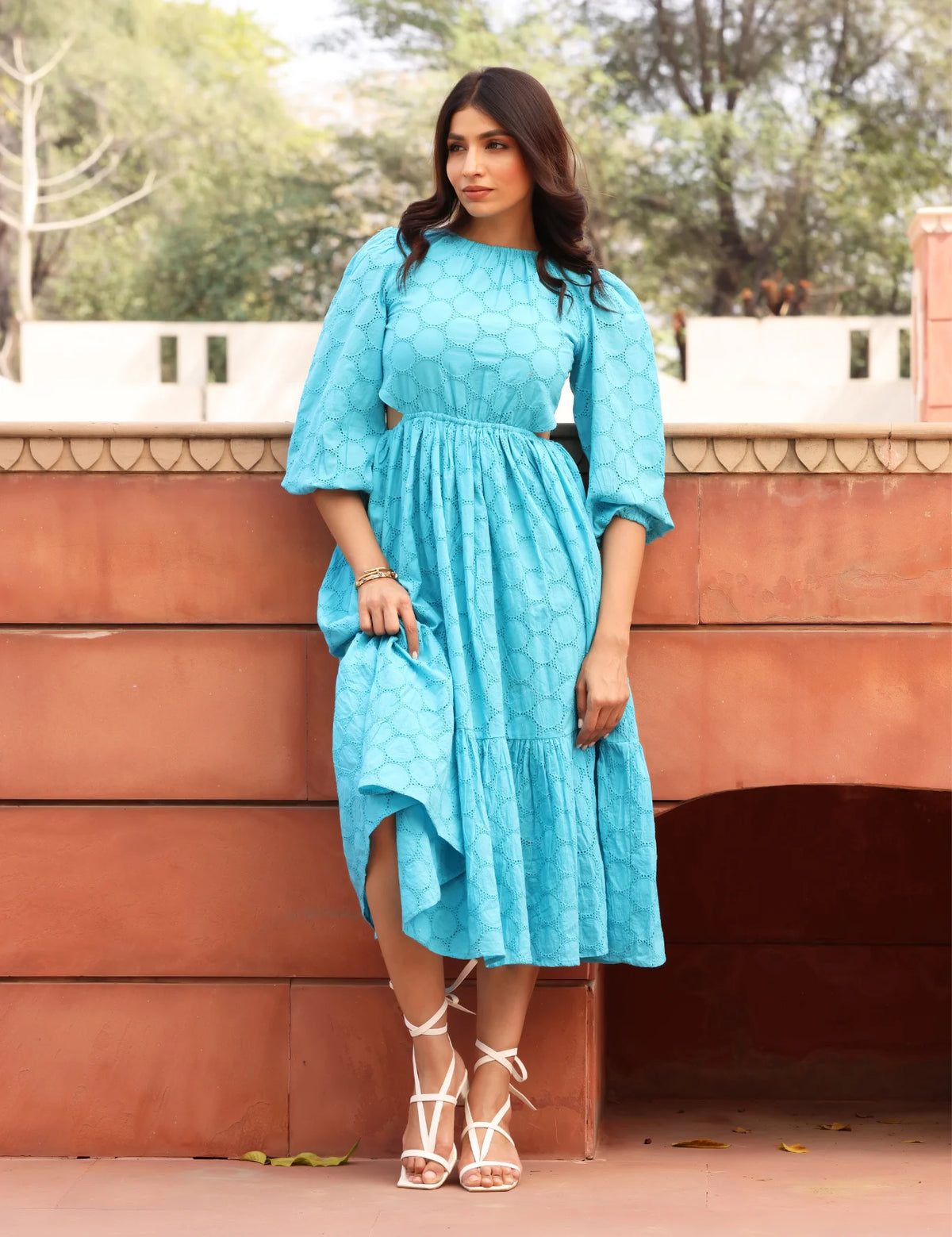 Modern Cotton Linen Lace Midi Dress with Flared Hem Soft Schiffli Blend Blue Floral Print Puff Sleeves