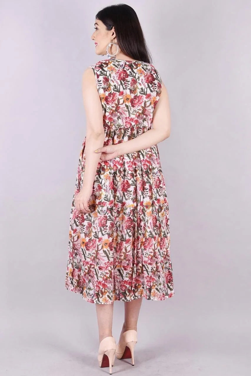 Women Eco-Friendly Washable Breathable Floral Print Sleeveless Mandarin Collar Cotton Maxi Dress Natural Waist Summer Casual