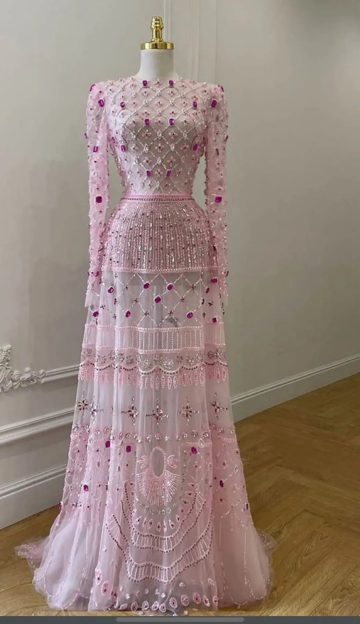 Premium Luxury Crystal Pearl Flowers Embroidery Beaded Floor-Length A-Line Empire Waist O-Neck Built-in Bra Imported Tulle