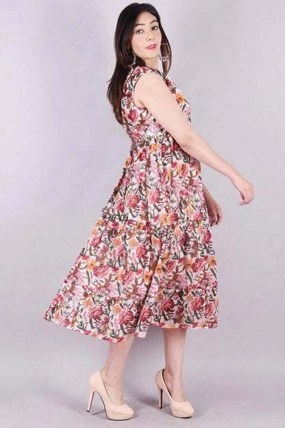Women Eco-Friendly Washable Breathable Floral Print Sleeveless Mandarin Collar Cotton Maxi Dress Natural Waist Summer Casual