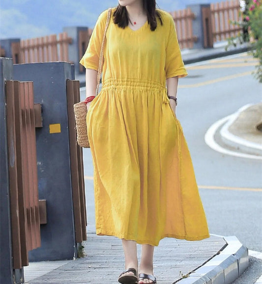 Wholesale New Arrivals Women's Casual Cotton Short Sleeve Maxi Linen Dress Pocket Customizable Solid Plain Dyed Natural