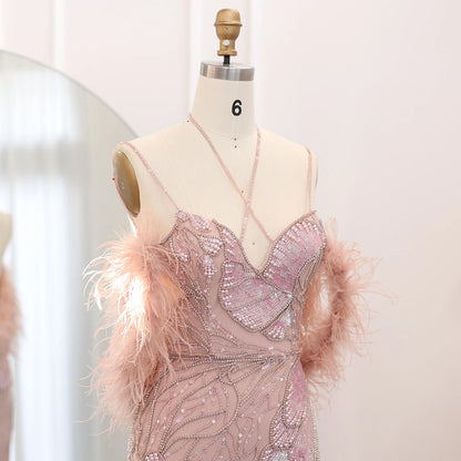 Sharon Said SS478 Luxury Spaghetti Straps Mermaid Pink Evening Dresses With Feathers Scarf Wedding Dress Pink Ready to Ship