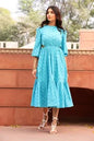 Modern Cotton Linen Lace Midi Dress with Flared Hem Soft Schiffli Blend Blue Floral Print Puff Sleeves