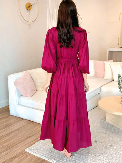Women's Sweet Tiered Maxi Dress Long Sleeves Button-Down Design Cotton Lawn Chiffon Belt Casual Summer Natural Waist A-Line