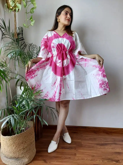Custom made Ethnic Print Cotton Kaftan Mini Dress-V-Neck with Adjustable Waist suitable for boutique clients and resellers