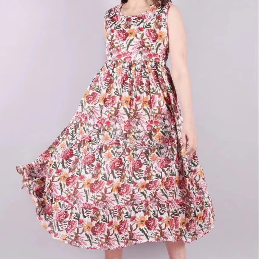 Women Eco-Friendly Washable Breathable Floral Print Sleeveless Mandarin Collar Cotton Maxi Dress Natural Waist Summer Casual